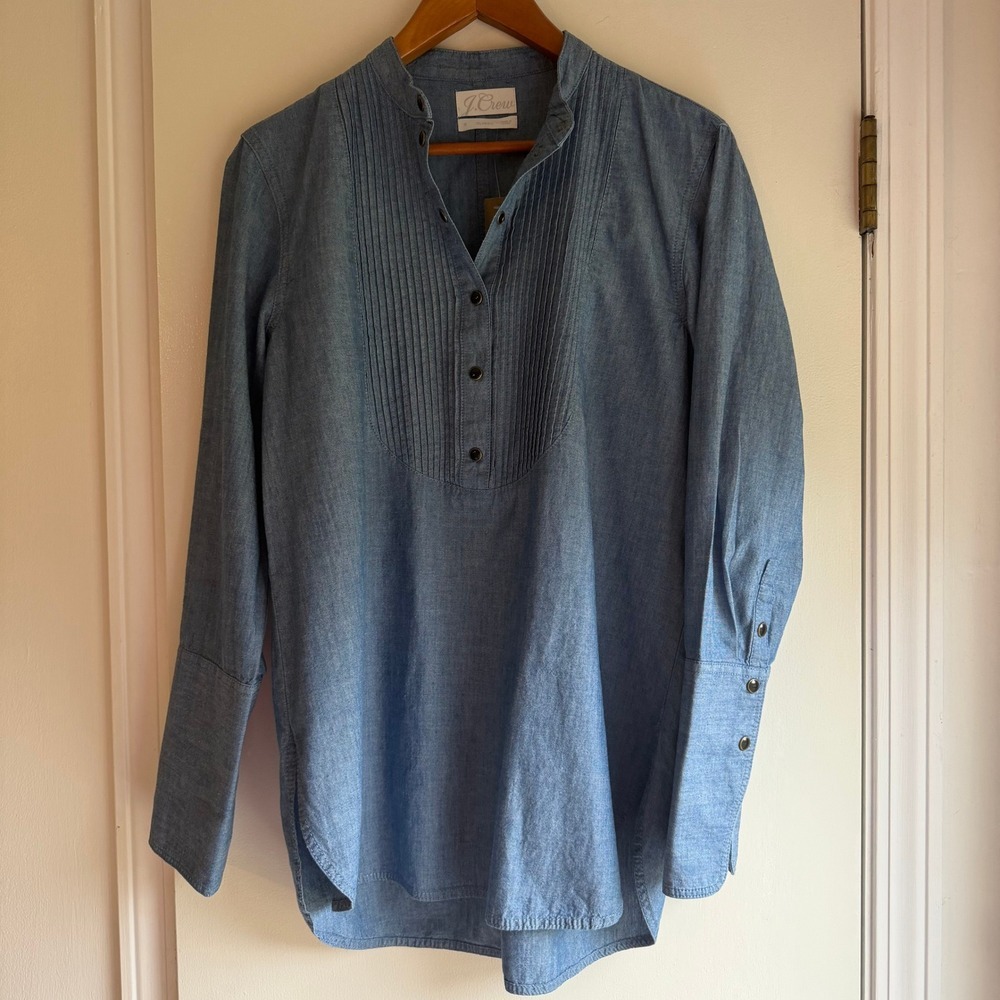 NWT J Crew Women's Classic Chambray Tunic Shirt Size 6 Long Sleeve Pleated Front